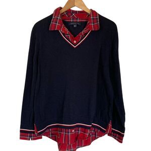 Tommy Hilfiger Womens Sweater Shirt‎ Combo Size XL Navy Plaid Preppy Americana
